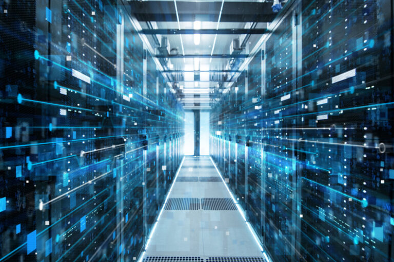 Shot of Corridor in Working Data Center Full of Rack Servers and