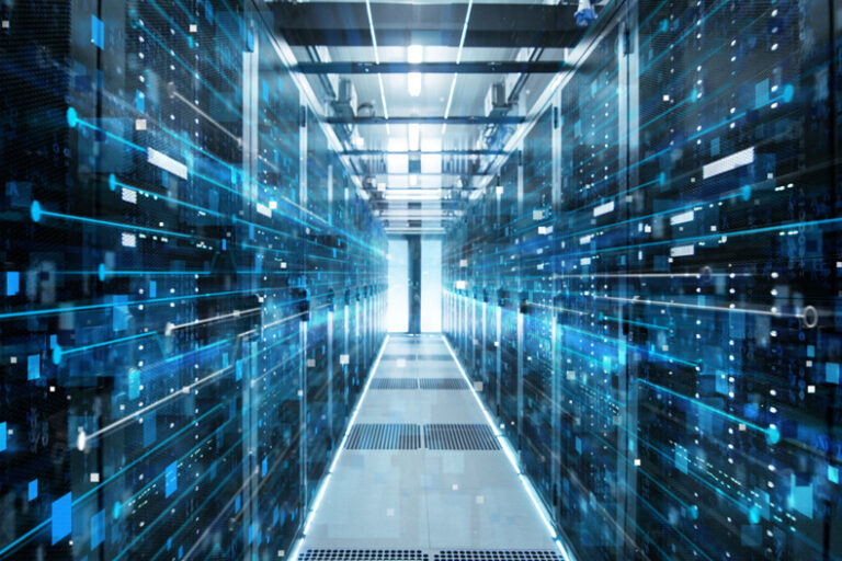 Shot of Corridor in Working Data Center Full of Rack Servers and